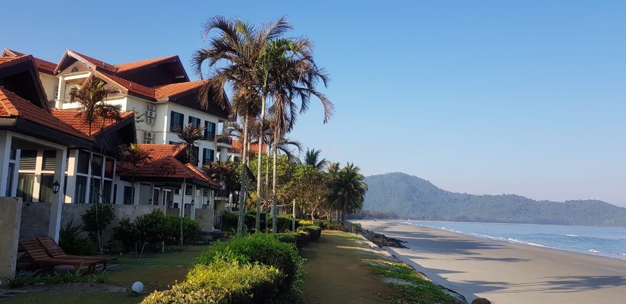 Pristine beachfront with palm trees and clear blue sea